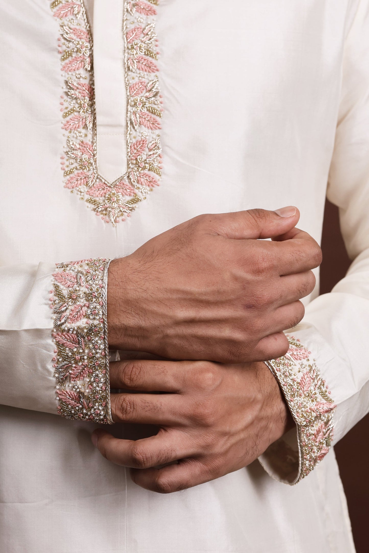 Kanjivaram Pattu Embroidered Kurta Set by Hilo Design