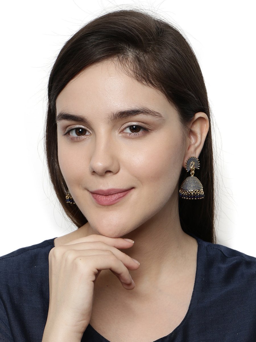 Anikas Creation Gold-Polished & Blue Enamelled Peacock Shaped Jhumkas