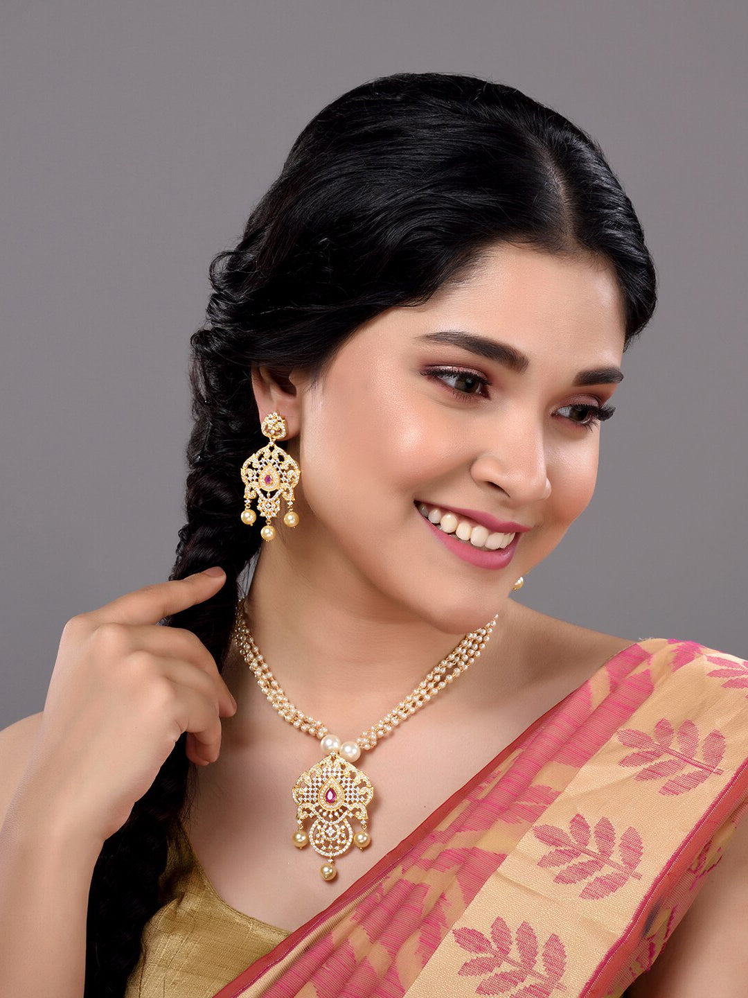 Saraf RS Jewellery Gold-Polished White & Magenta American Diamond Studded Jewellery Set