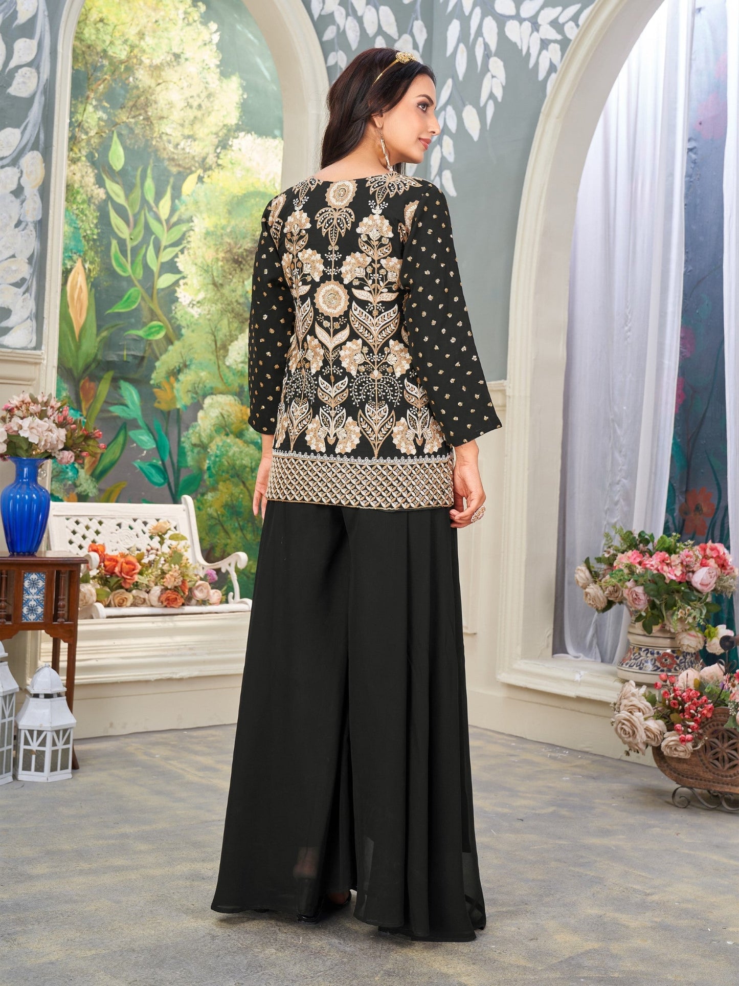 Anaita Black Heavy Embroidered Faux Georgette Stitched Plazzo Suit