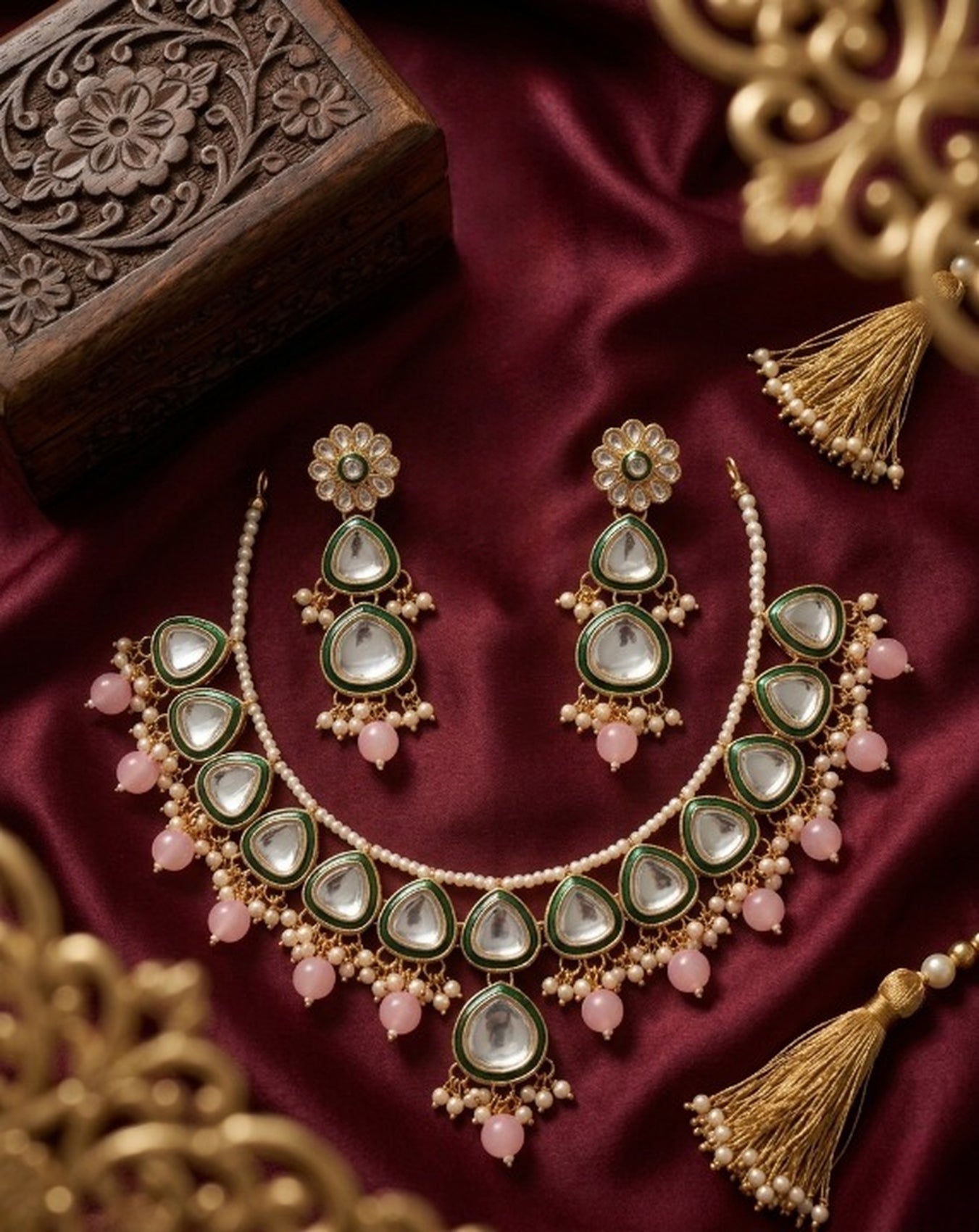 Jewel City undan Gold-Plated Pink Pearl Choker Necklace Set | Indian Ethnic Bridal Wedding Jewellery | Handcrafted