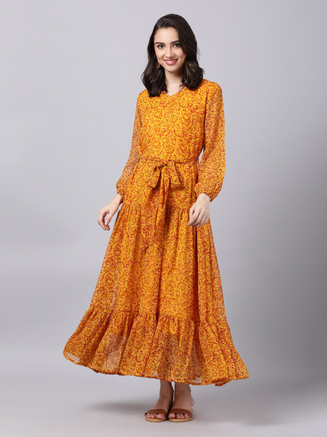 Souchii Yellow Floral Layered Chiffon Maxi Dress