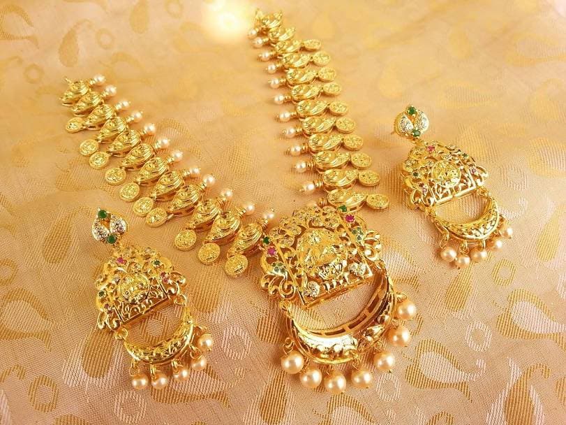 Gold-Polished Multicolor Lakshmi Kasu Necklace Set