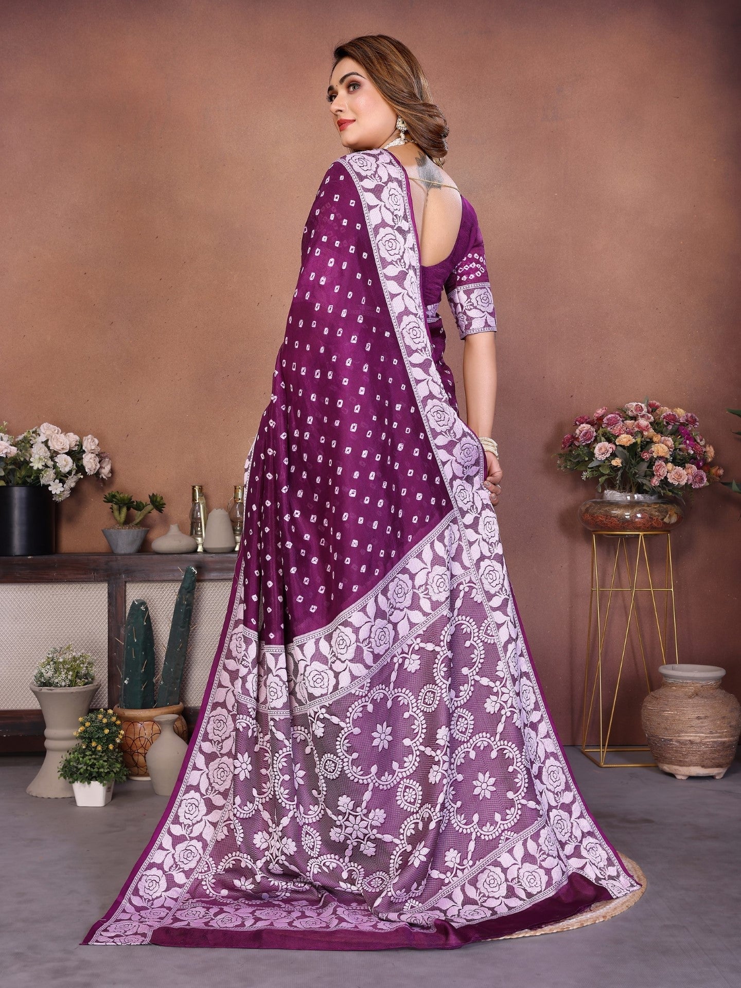 Anaita Purple Handmade Bandhej Viscose Silk Saree With Blouse