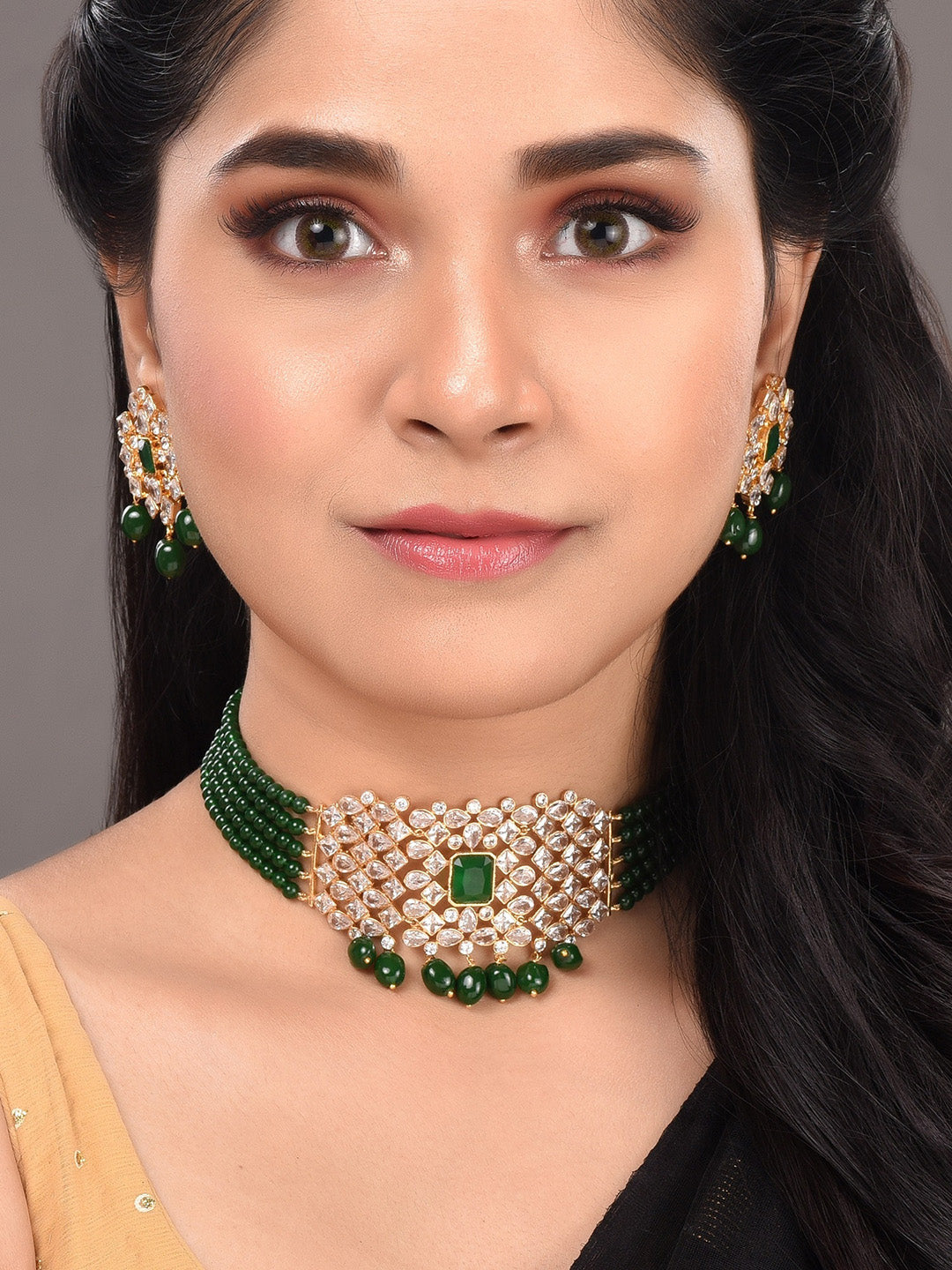 Saraf RS Jewellery Gold-Polished White & Green American Diamond Studded Choker Jewellery Set