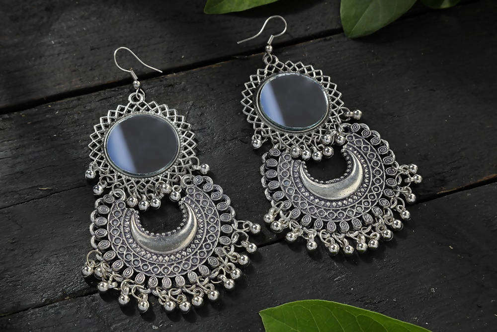 Mominos Fashion Johar Kamal Silver Oxidised Mirror Chandbali Earrings