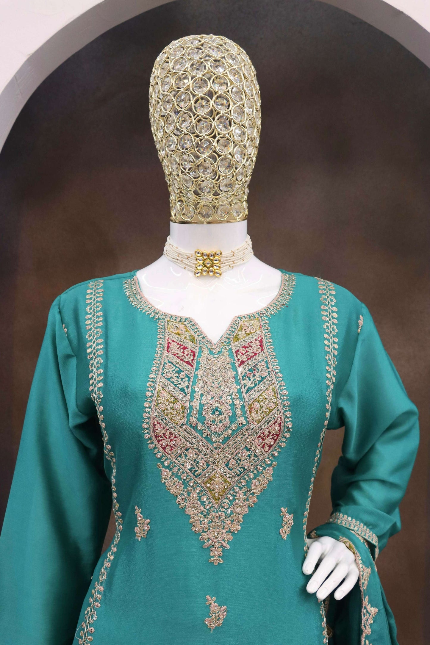 Anaita Turquoise Heavy Chinon Readymade Suit with Embroidery & Sequence Work