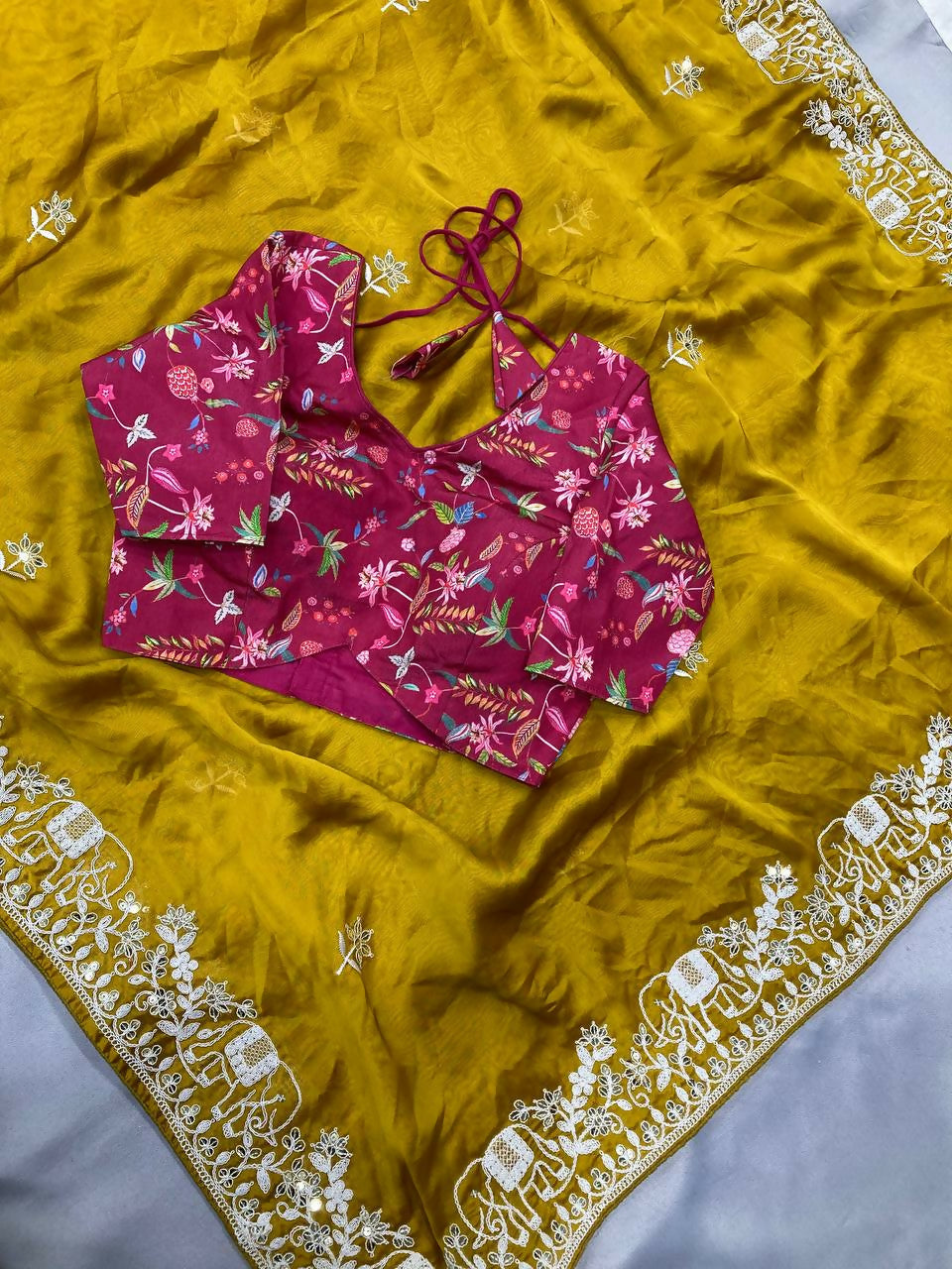 Teeya Creation New Trendy Party Wear Soft Satin Chiffon Saree-Yellow