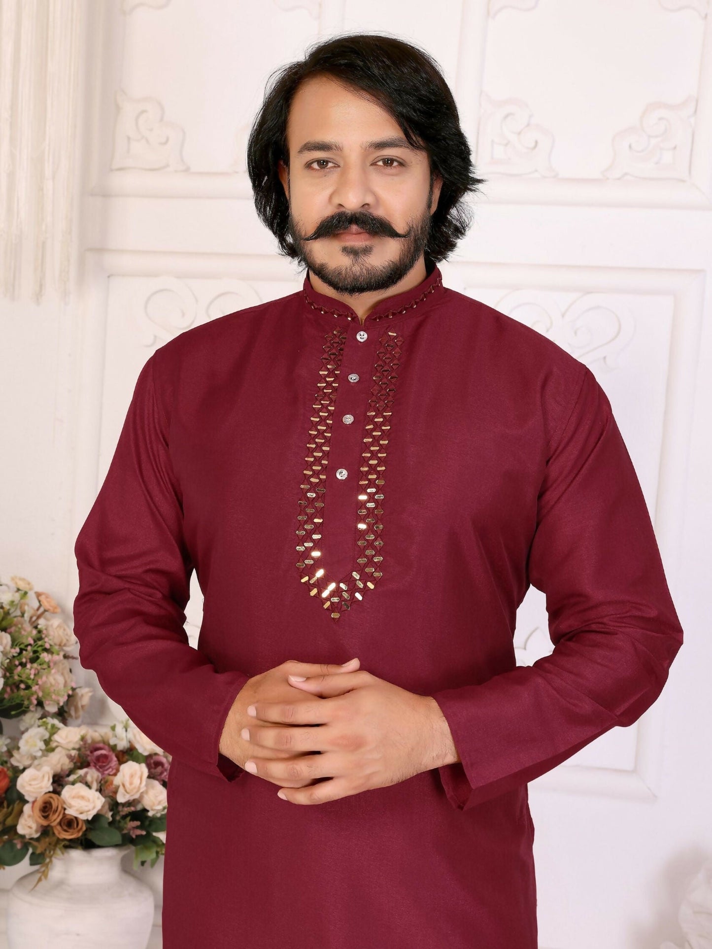 Anaita Maroon Silk Straight Kurta With Neck Mirror Work