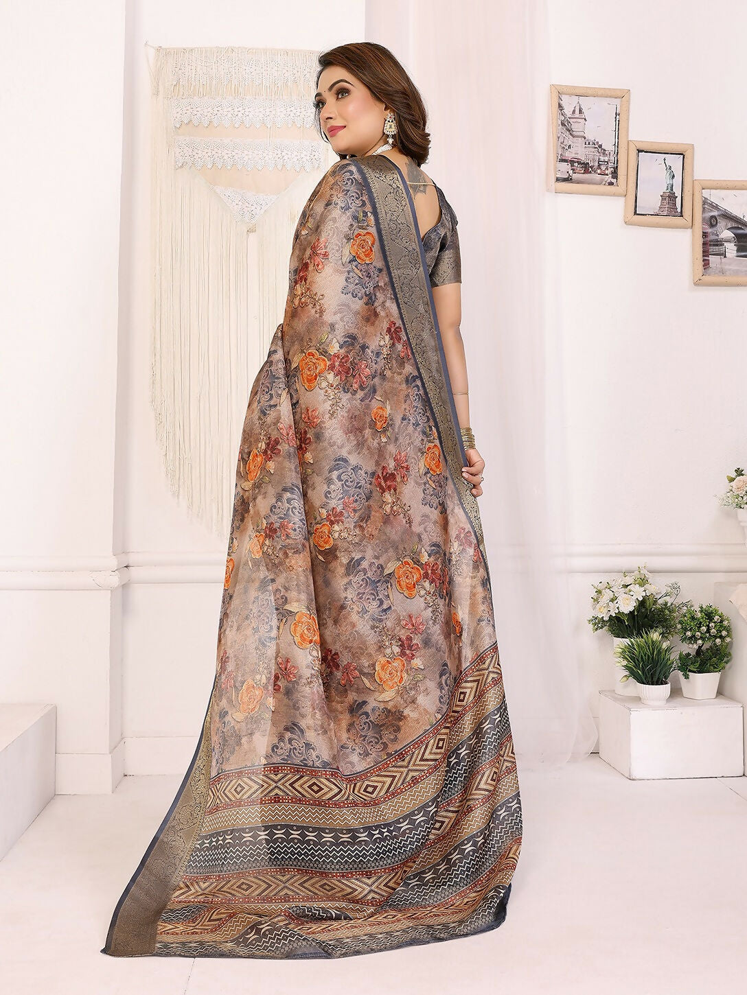 Joban Fashion Grey Floral Print pattern Banarasi Silk Sarees