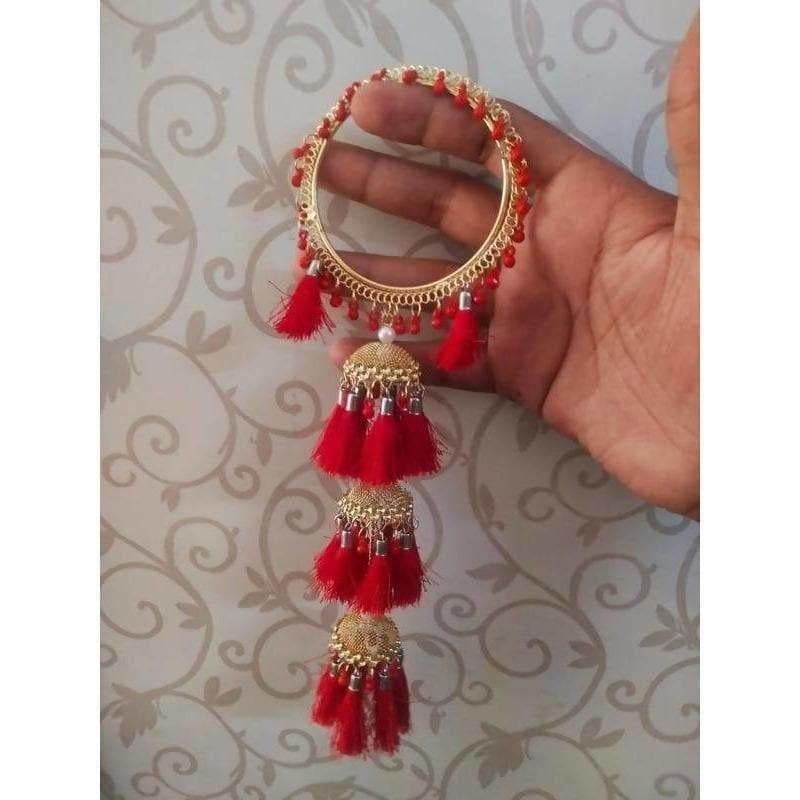 MS Fashion India Red Color Threads And Pearls With Hanging Jhumkas Bangles