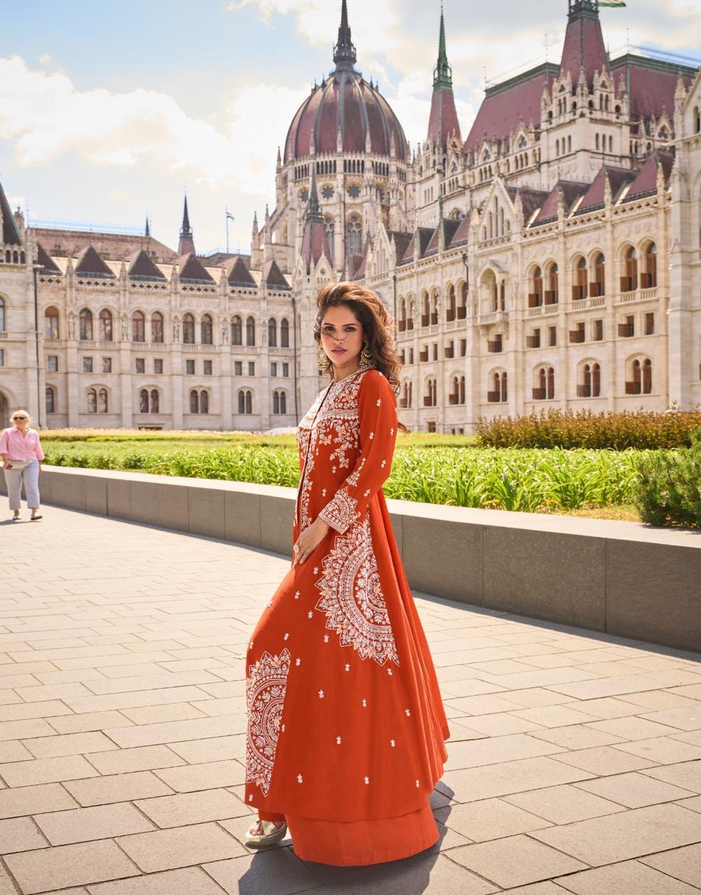 Anaita Orange Silk Stitched Suit With Embroidery Work
