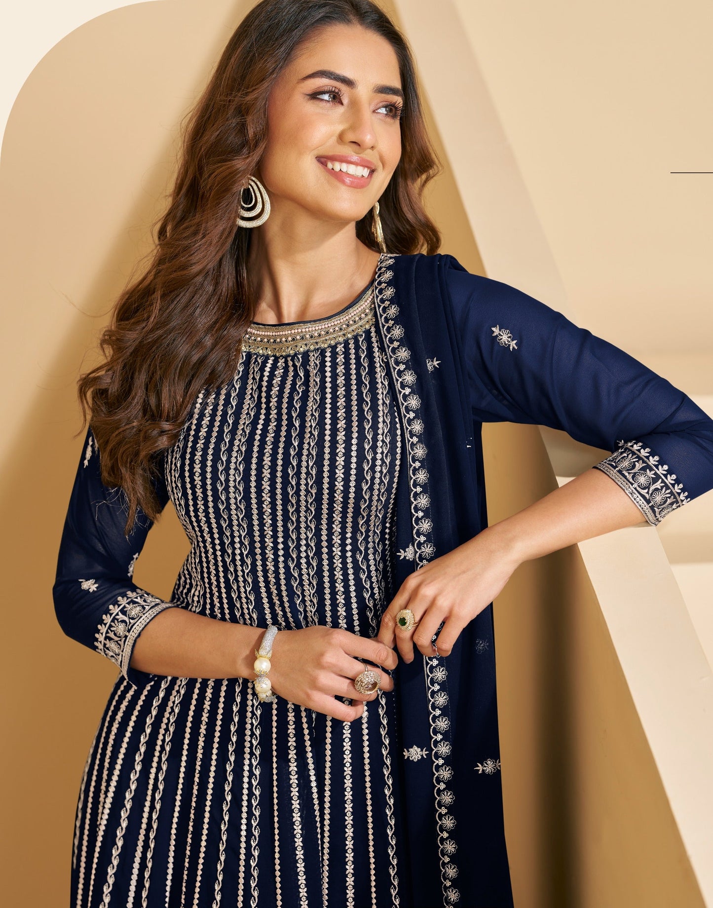 Anaita Navy Faux Georgette Stitched Plazzo Suit with Sequence Work