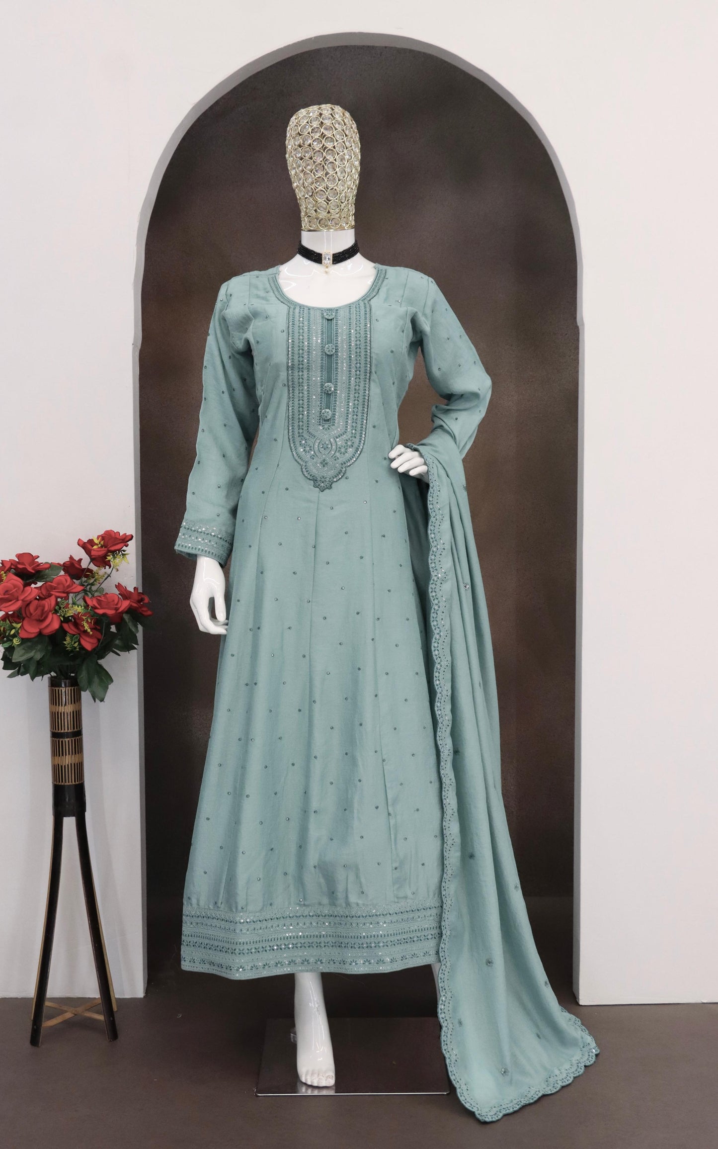 Anaita Teal Green Embroidered Vichitra Silk Stitched Anarkali Suit