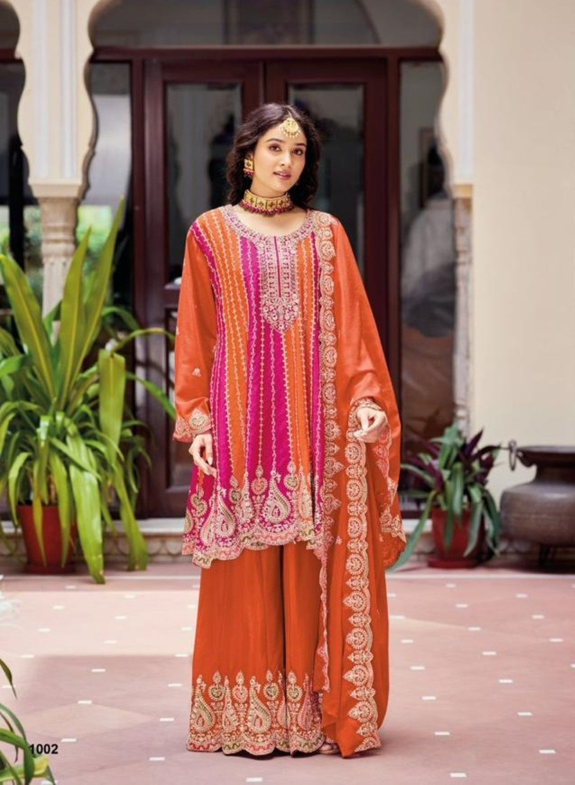 Anaita Orange Chinon Stitched Suit With Embroidery Work