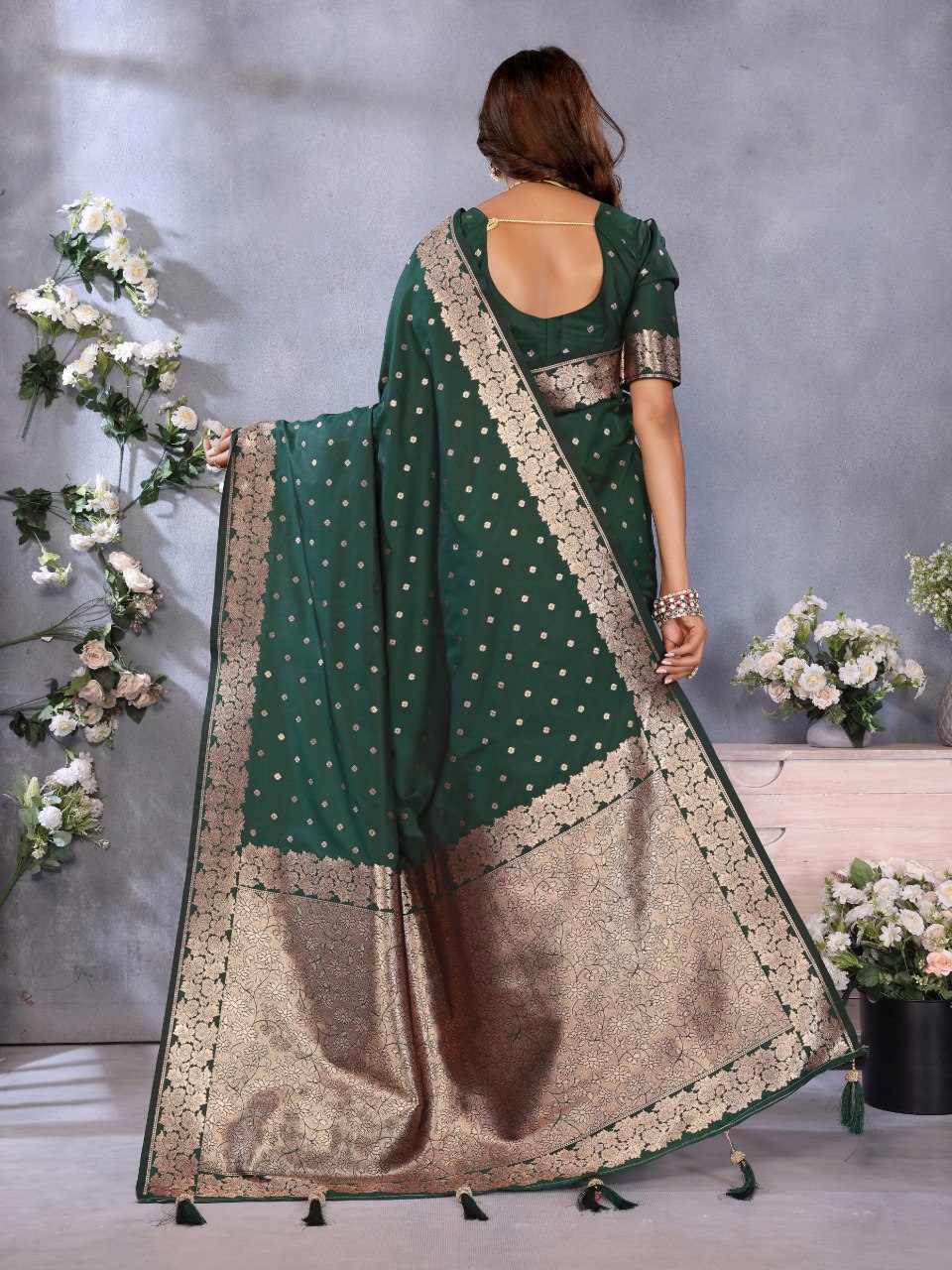 Anaita Dark Green Premium Banarasi Tissue Silk Saree With Gala Weaving Work