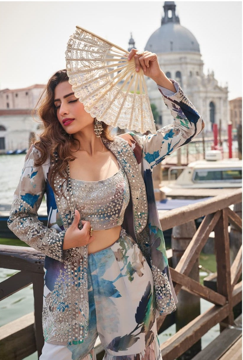 Anaita Navy Chinon Silk Stitched 3 Piece Set With Embroiderd Work