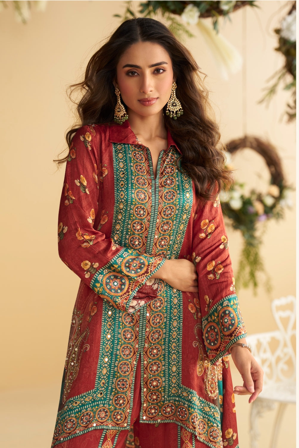 Anaita Red Real Premium Digital Crepe Silk Readymade Cord Set With Mirror Work