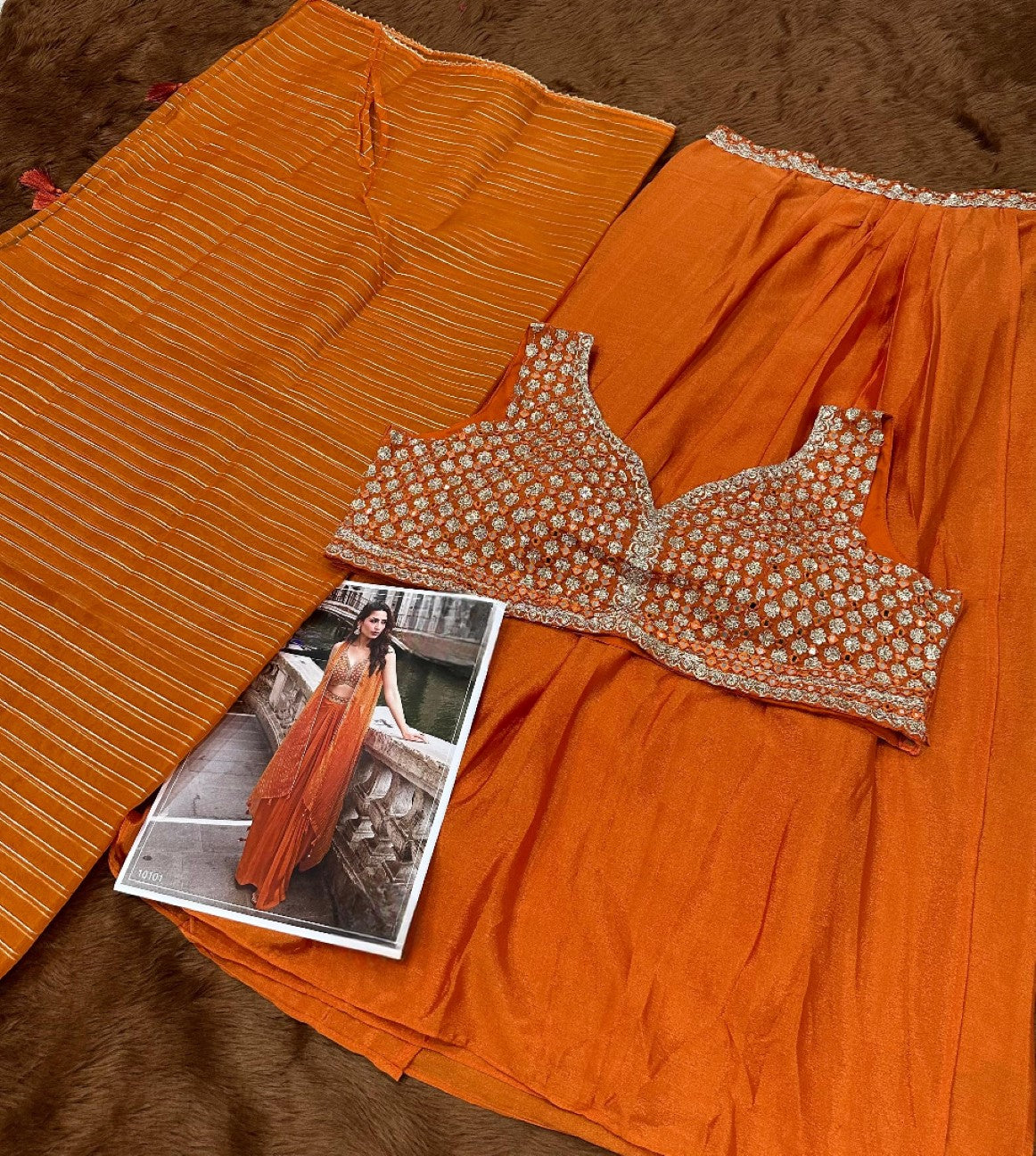 Anaita Orange Chinon Silk Stitched Shrug Suit With Embroidery Sequence Work