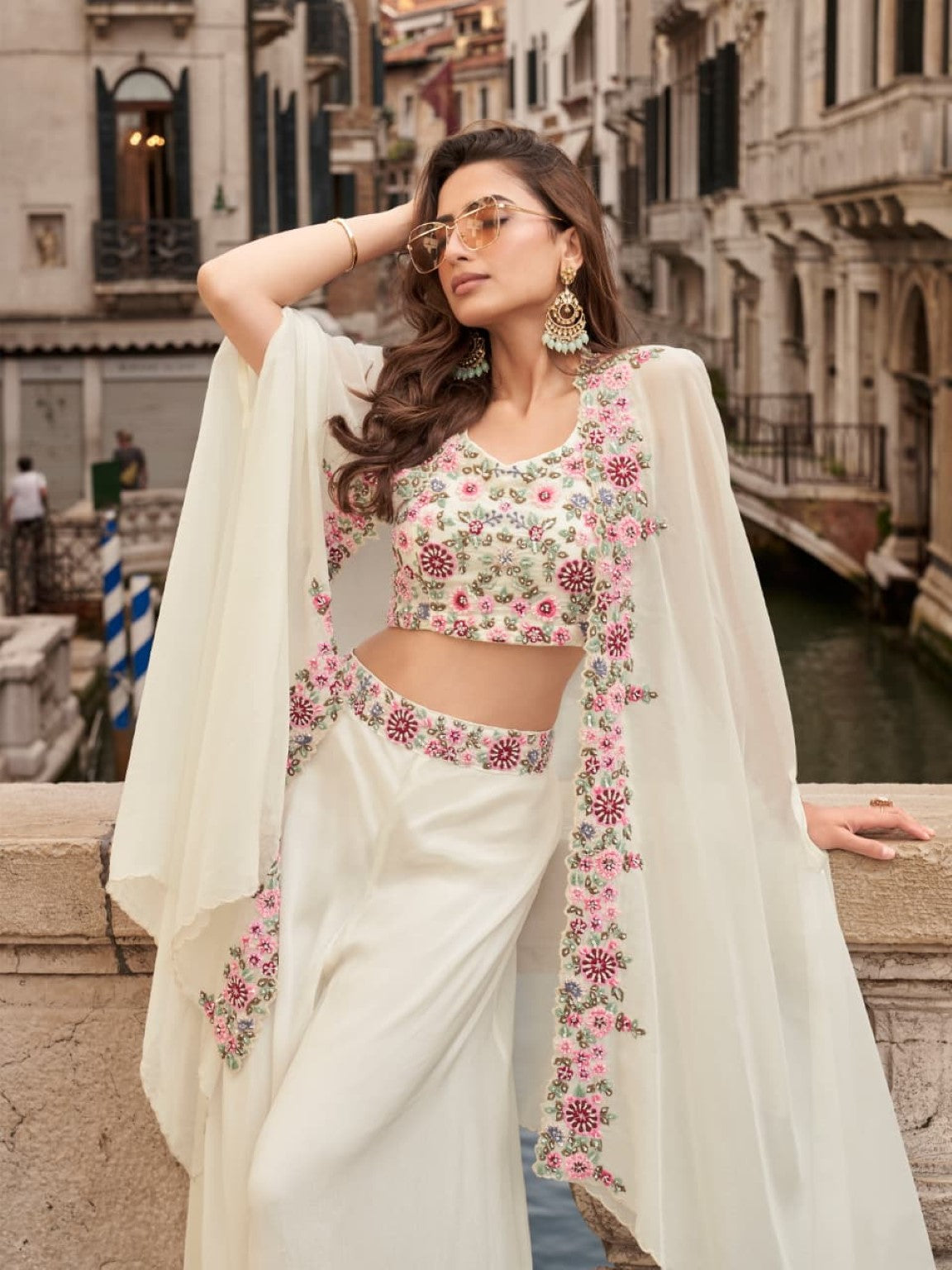 Anaita White Chinon Silk Stitched Shrug Suit With Embroidery Sequence Work
