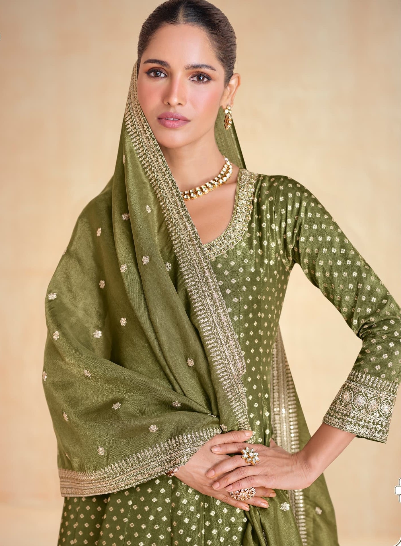 Anaita Olive Green Embroidered Viscose Jacquard Stitched Anarkali Suit