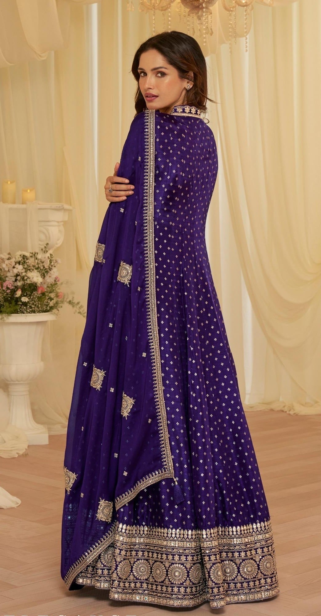 Anaita Purple Chinon Stitched Jacquard Anarkali Suit With Codding Dori & Sequence Work