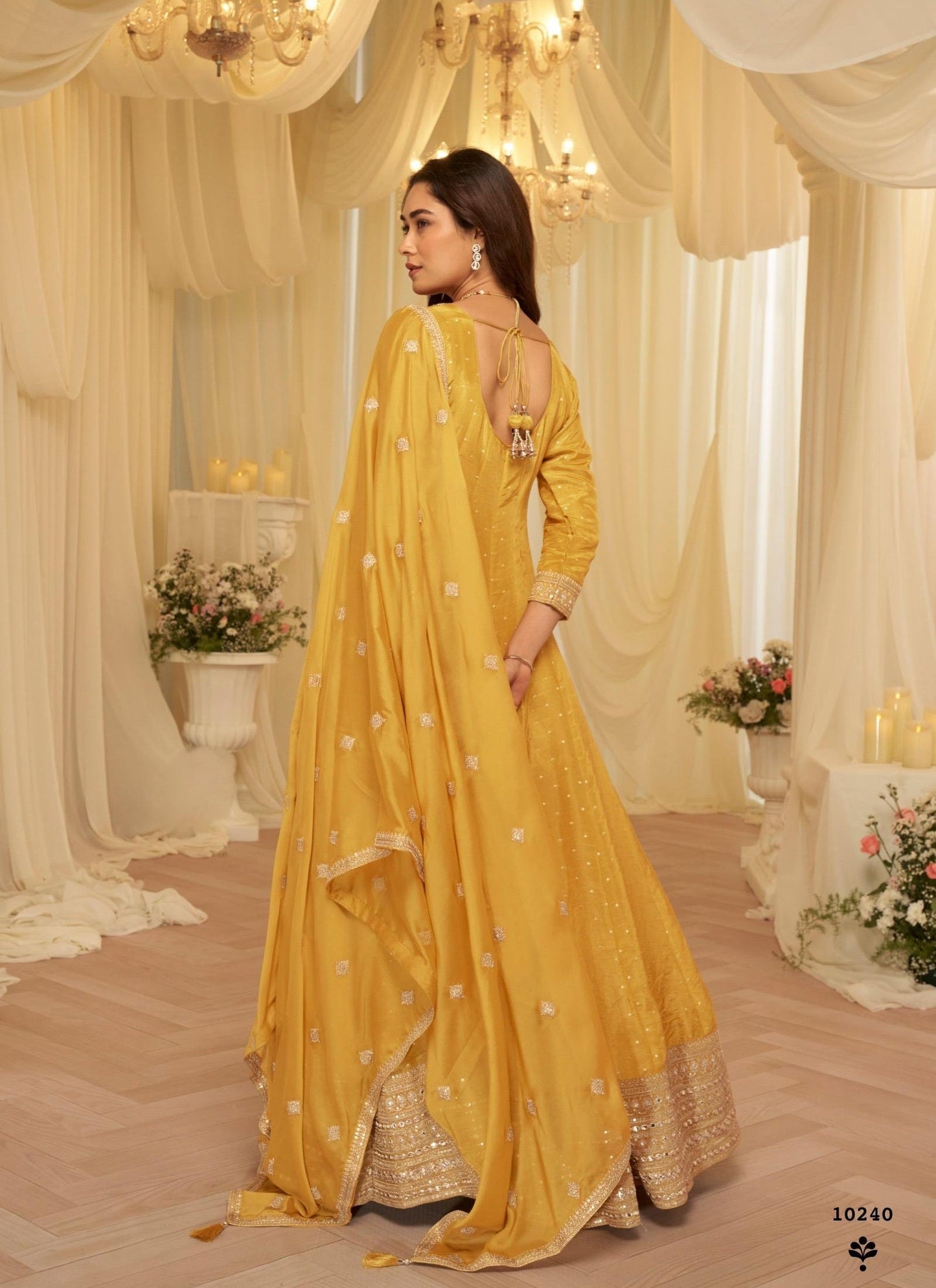 Anaita Yellow Chinon Stitched Jacquard Anarkali Suit With Codding Dori & Sequence Work
