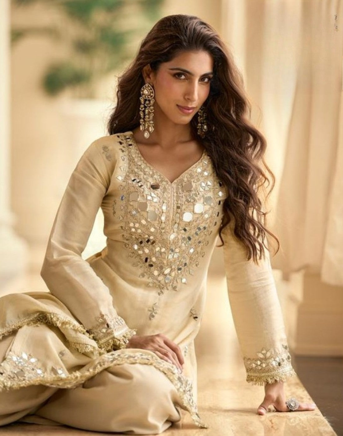Anaita Off White Vichitra Silk Readymade Suit with Real Mirror Hand Work