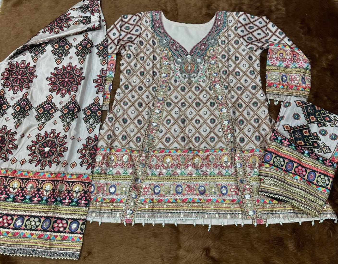 Anaita White Crepe Silk Stitched Suit with Aari & Digital Print Work