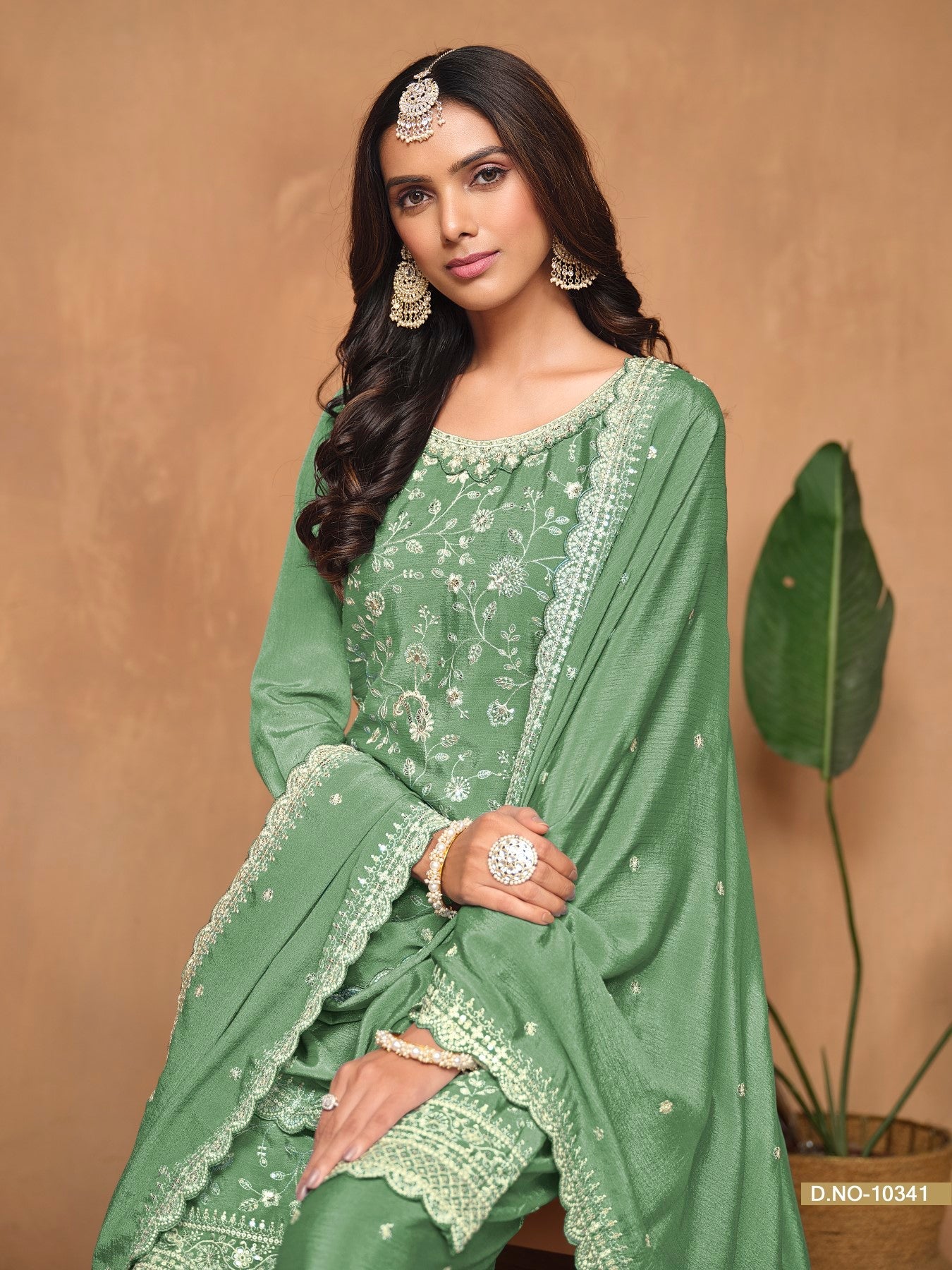 Anaita Green Embroidered Chinon Silk Palazzo Suit