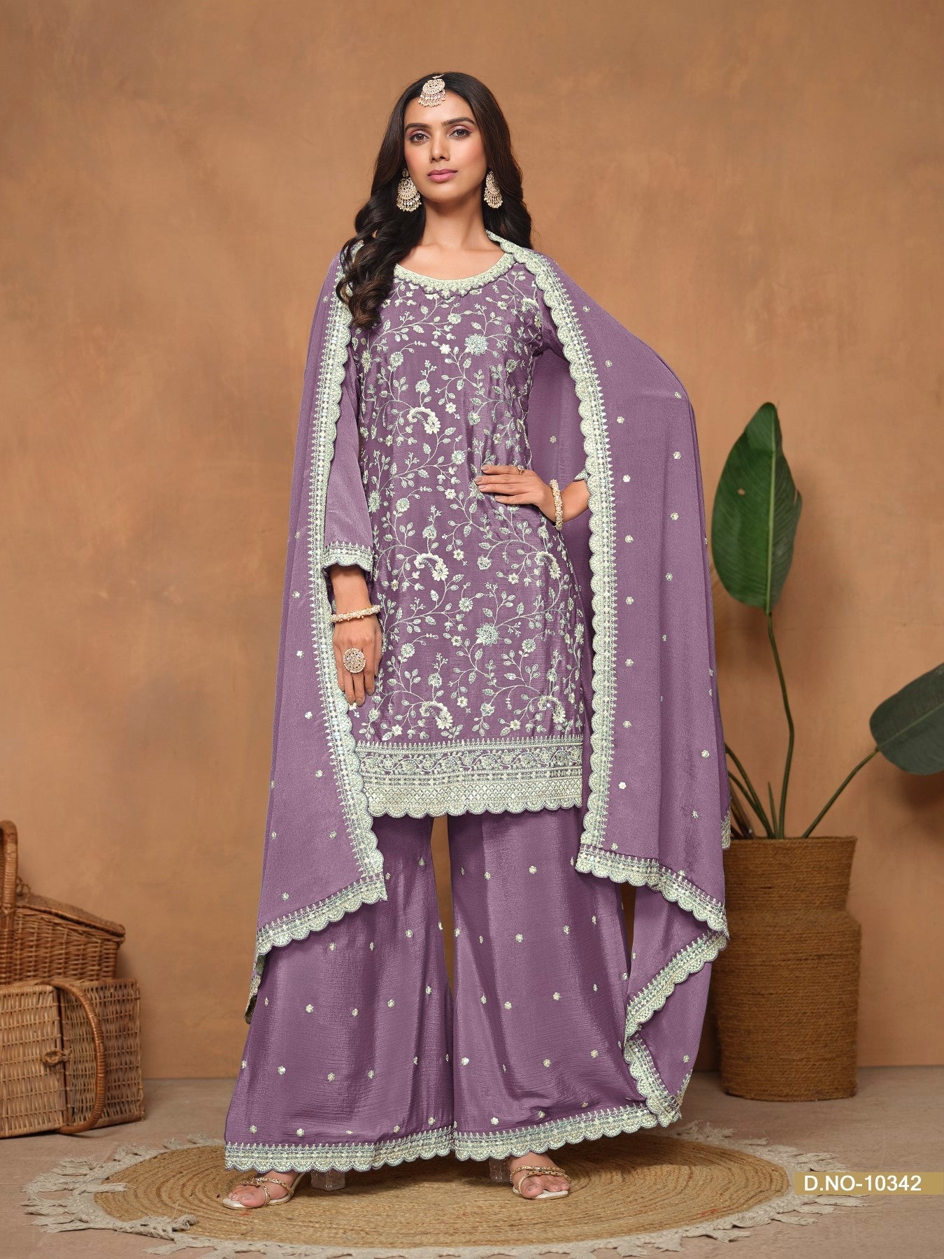 Anaita Lavender Embroidered Chinon Silk Palazzo Suit