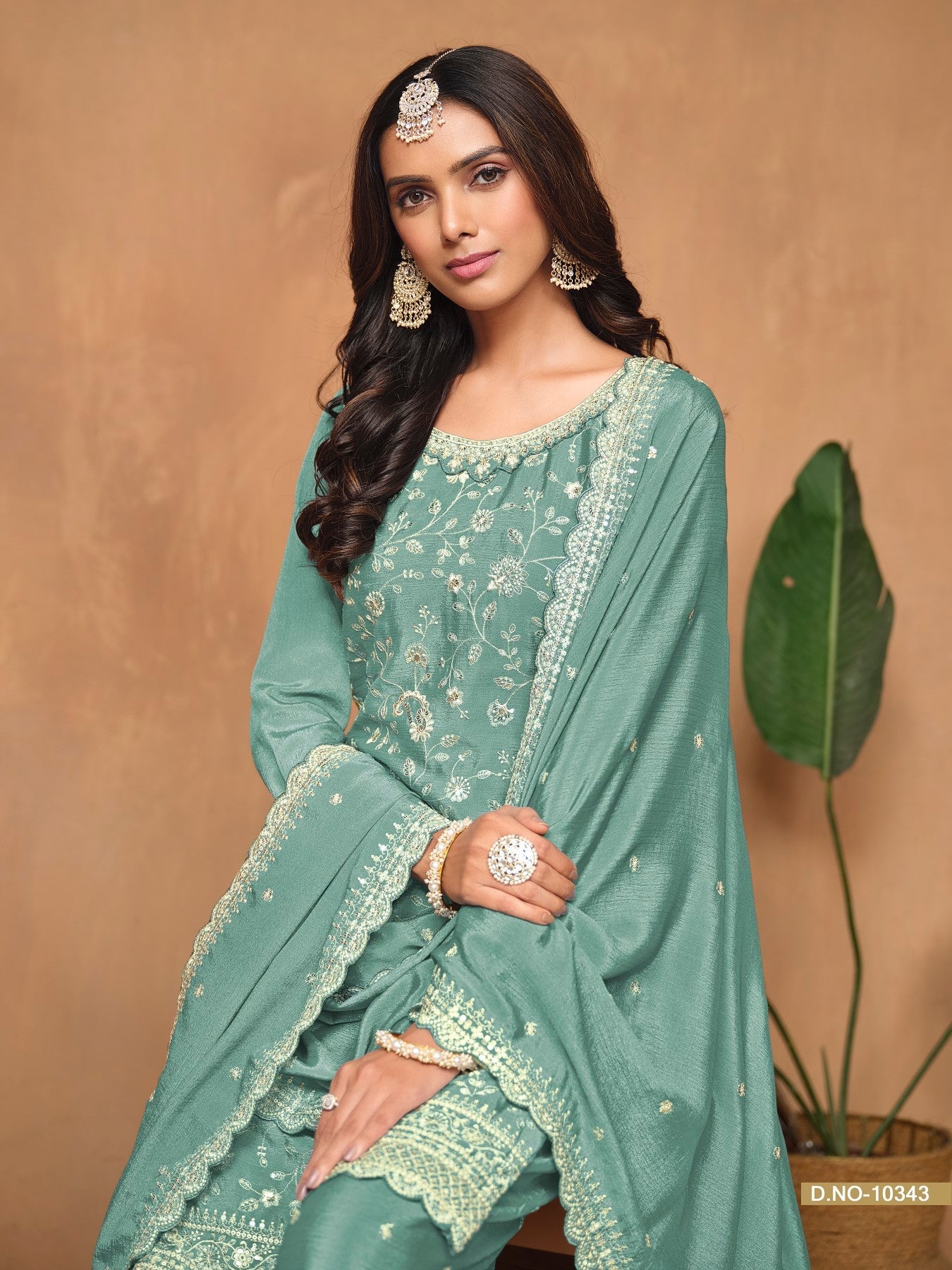 Anaita Aqua Blue Embroidered Chinon Silk Palazzo Suit