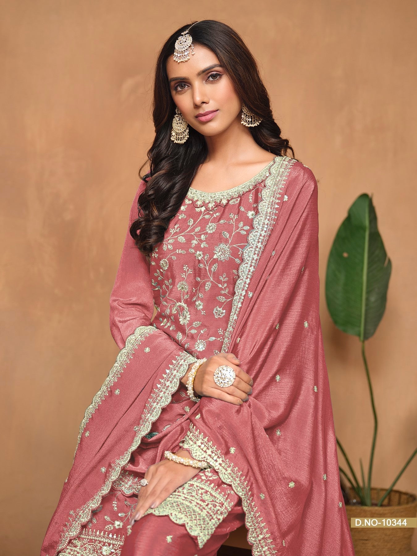 Anaita Peach Embroidered Chinon Silk Palazzo Suit