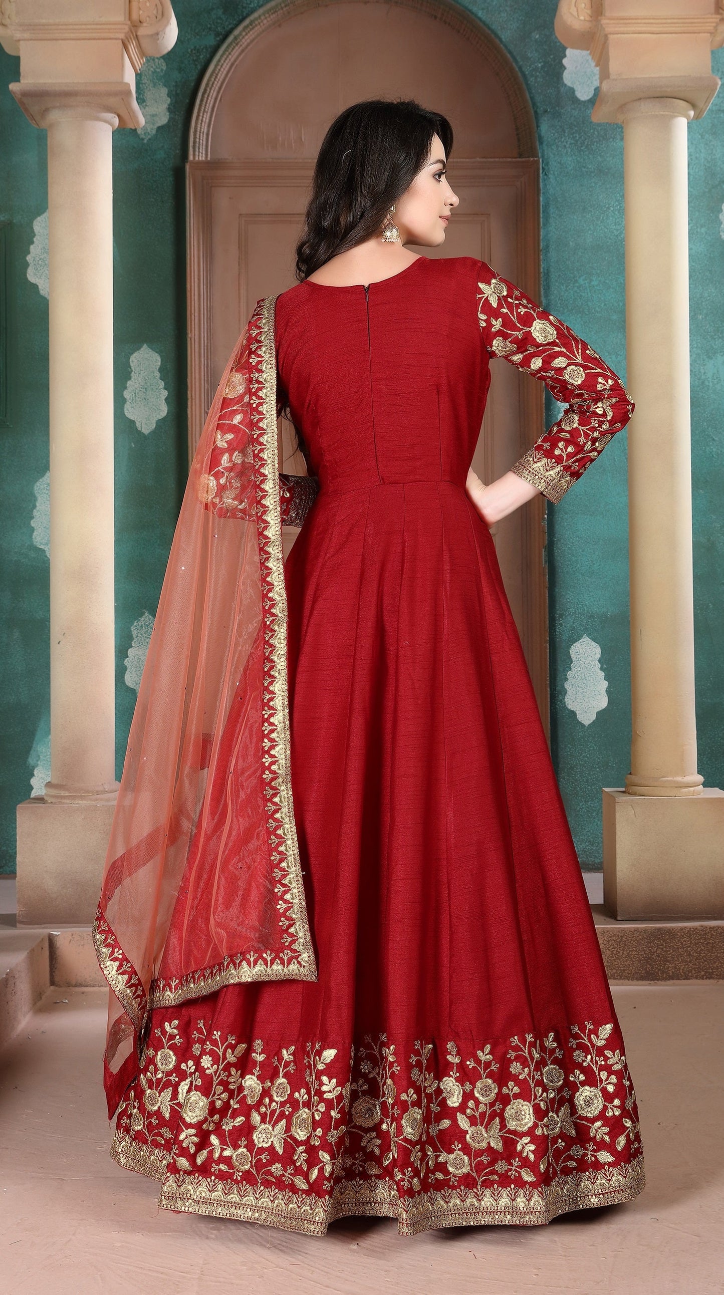 Anaita Red Embroidered Adda Silk Anarkali Suit