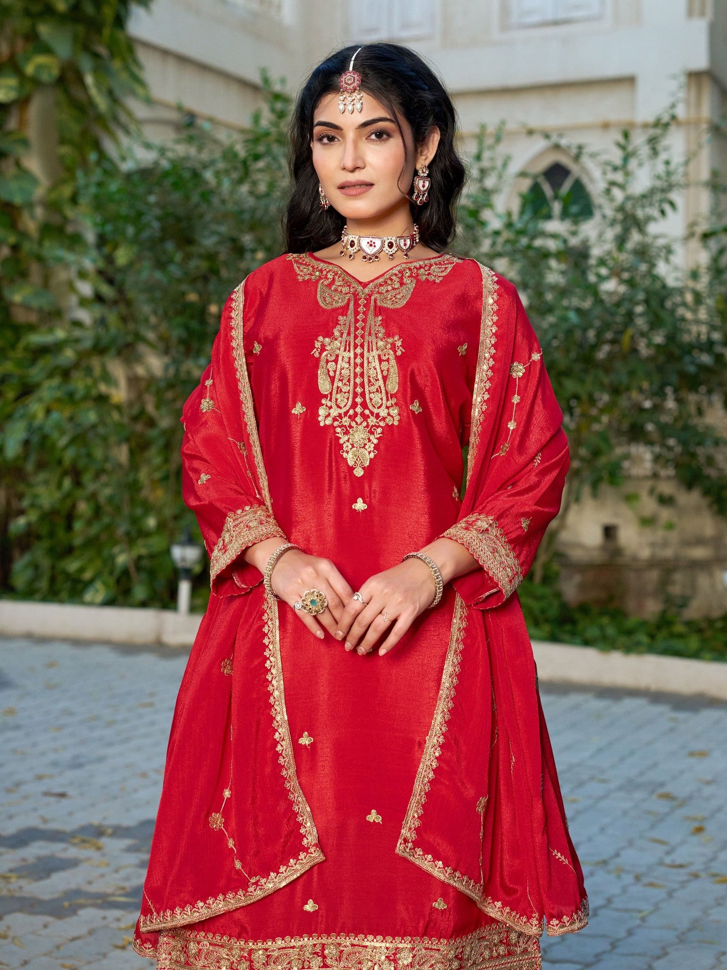 Anaita Red Chinon Stitched Plazzo Suit With Codding Dori & Sequence Work