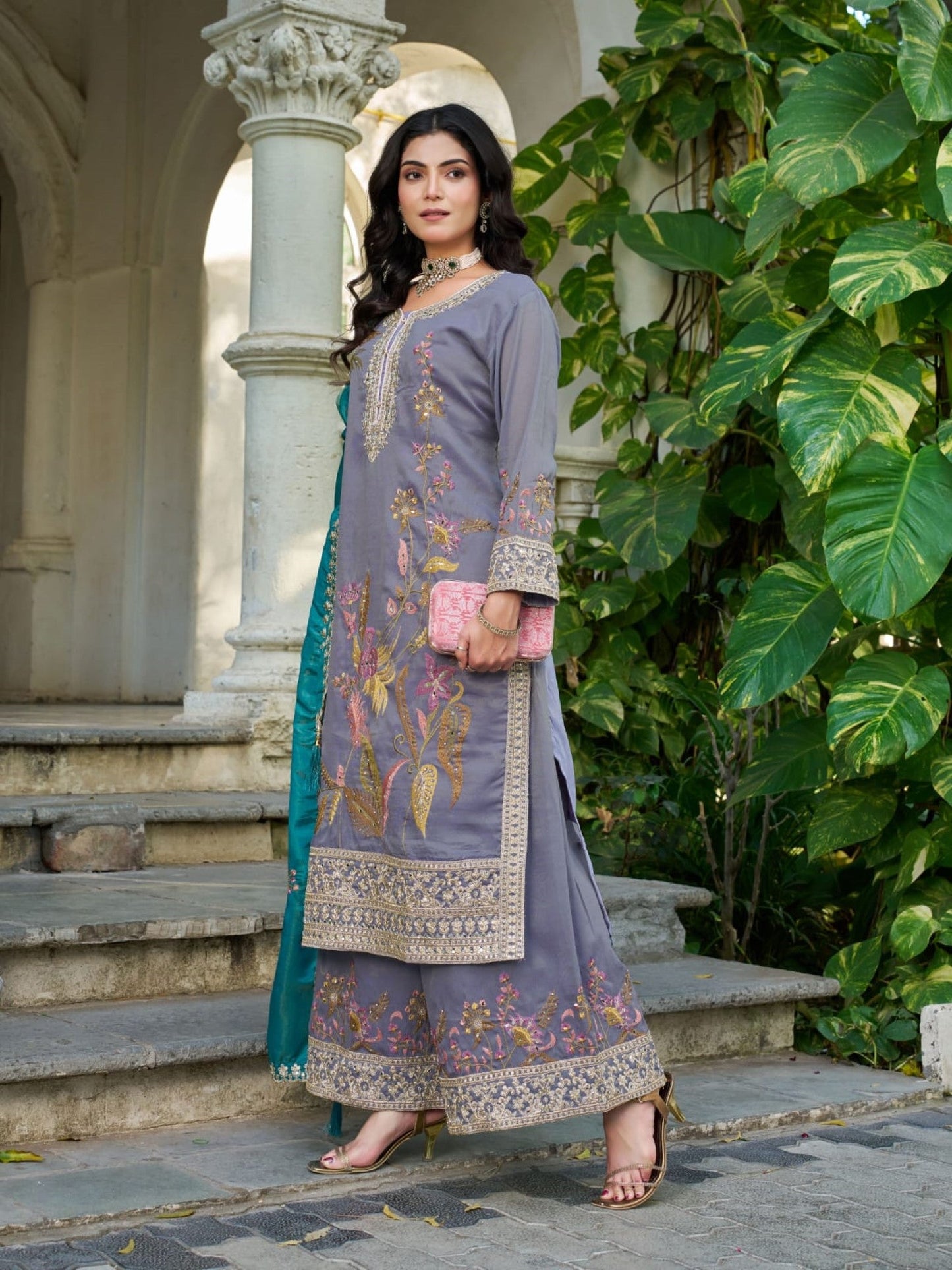 Anaita Grey Shimmer Stitched Plazzo Suit With Codding Dori & Sequence Work