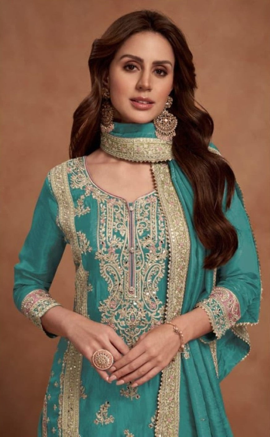Anaita Teal Green Embroidered Silk Salwar Suit