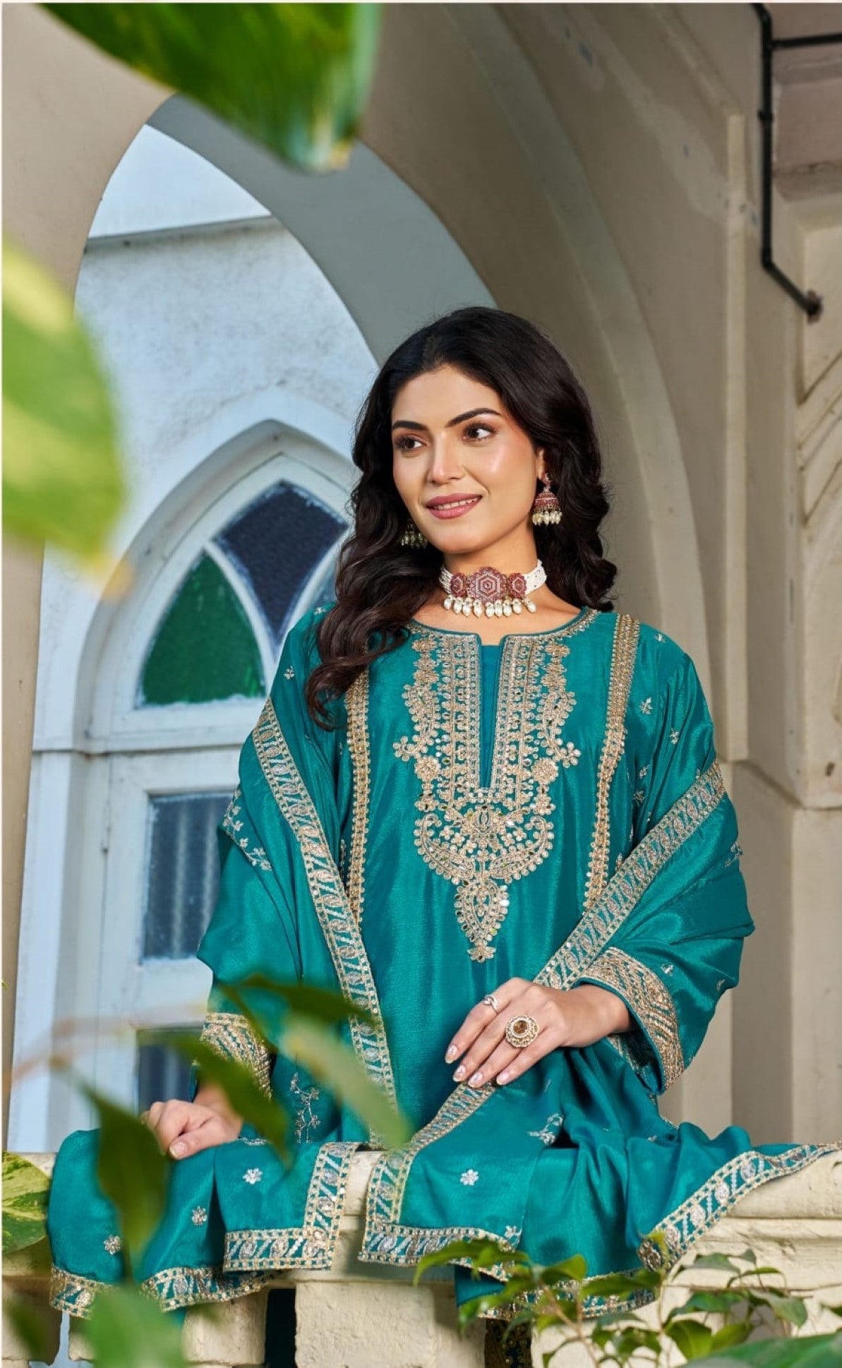 Anaita Blue Chinon Stitched Plazzo Suit With Codding Dori & Sequence Work