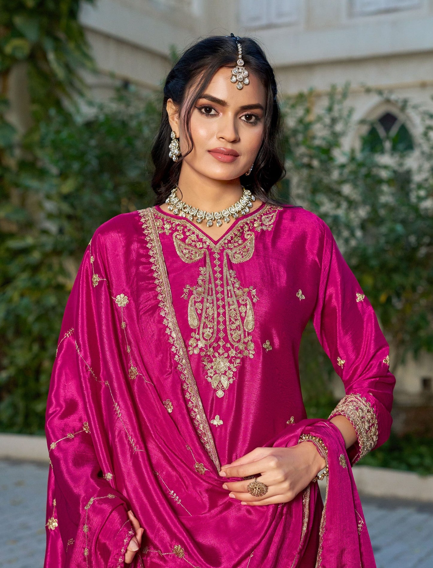 Anaita Hot Pink Chinon Stitched Plazo Suit With Coding Dori & Sequence Work
