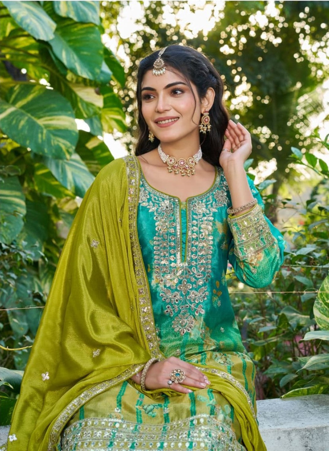 Anaita Sea Green Chinon Stitched Plazzo Suit With Digital Printed & Hand Work