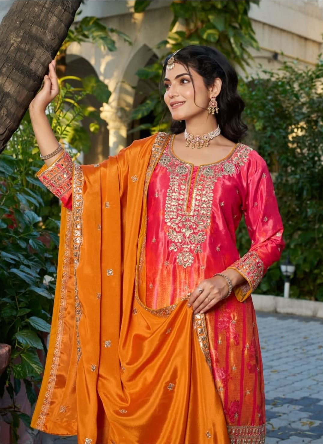 Anaita Orange Chinon Stitched Plazzo Suit With Digital Printed & Hand Work