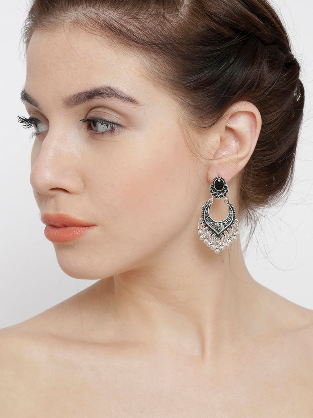 Shining Diva Silver-Toned Contemporary Chandbali Earrings