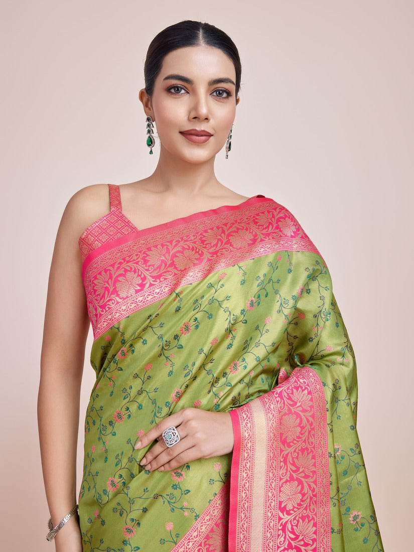 Monjolika Fashion Parrot Green Banarasi Tissue Silk SareeWith Zari Woven Work