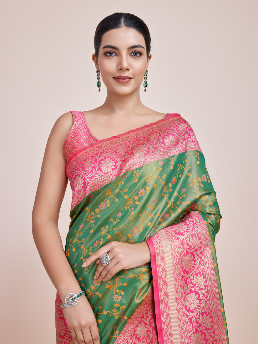 Monjolika Fashion Green Banarasi Tissue Silk SareeWith Zari Woven Work