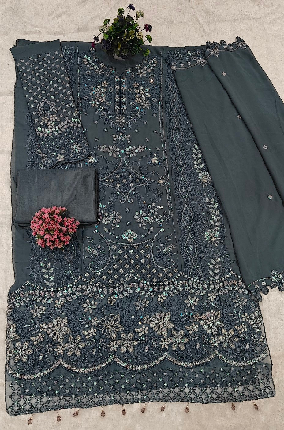 Anaita Blue Fox Georgette Suit With Khatli & Sequence Work