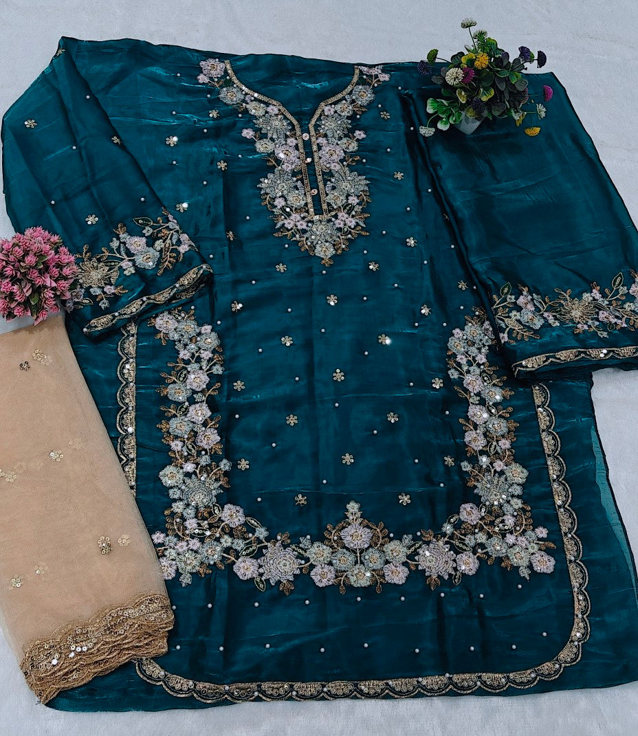 Anaita Teal Jimmy Choo Suit With Embroidery & Sequence Work