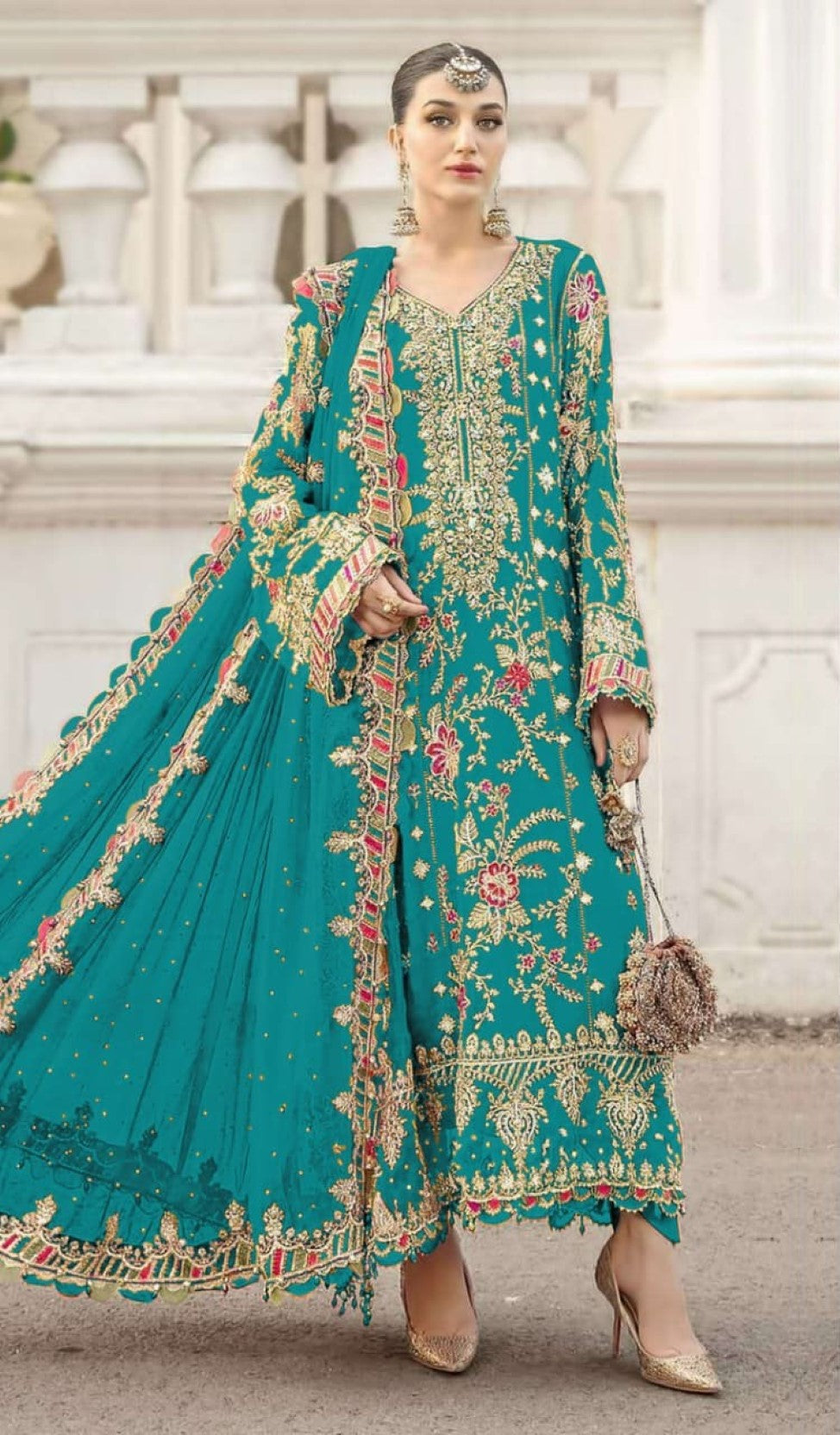 Anaita Turquoise Silk Suit With Embroidery & Sequence Work