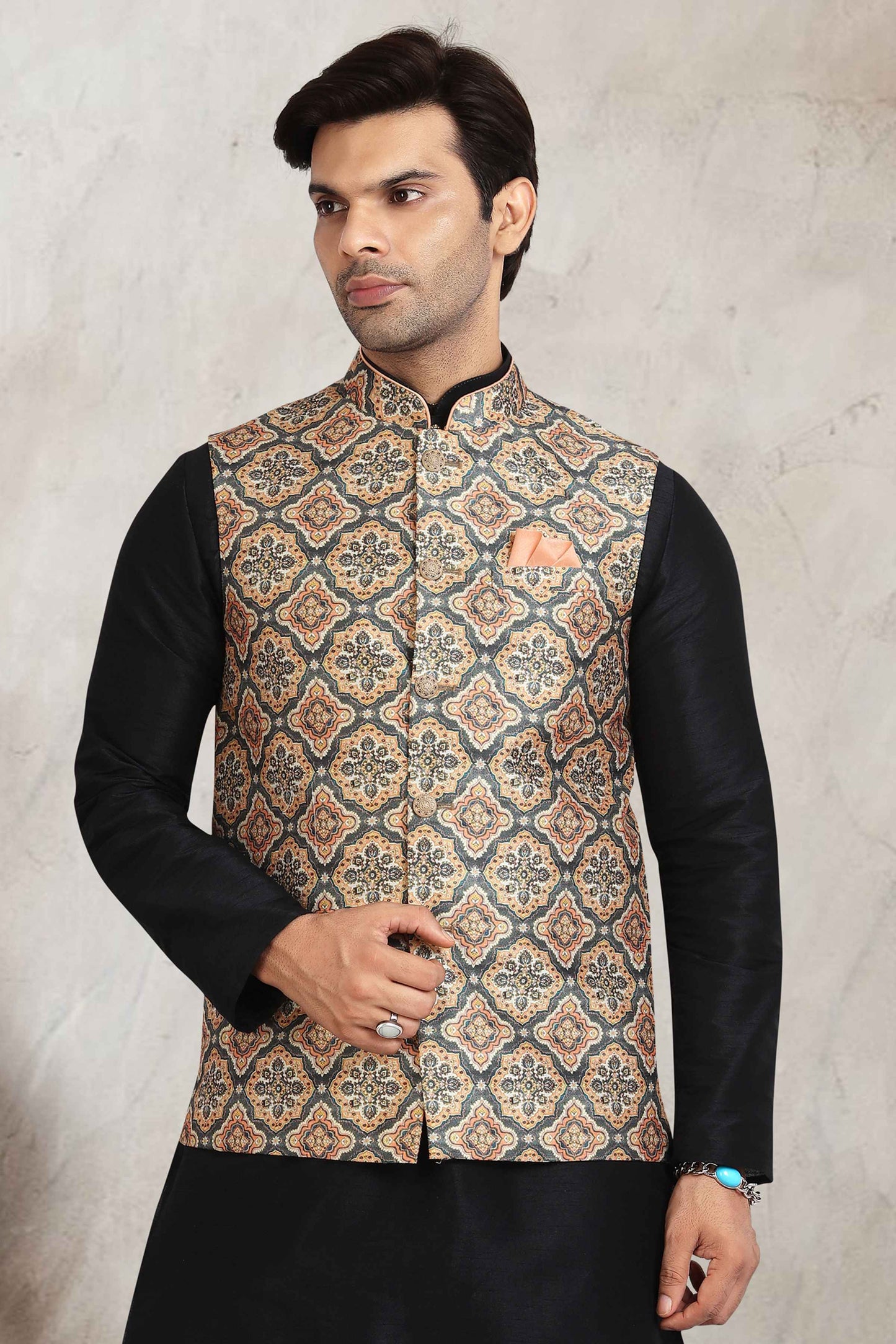 Raivat Ethnic Art Banarasi Silk Printed Work 3 Pics Jacket Set In Beige Colour