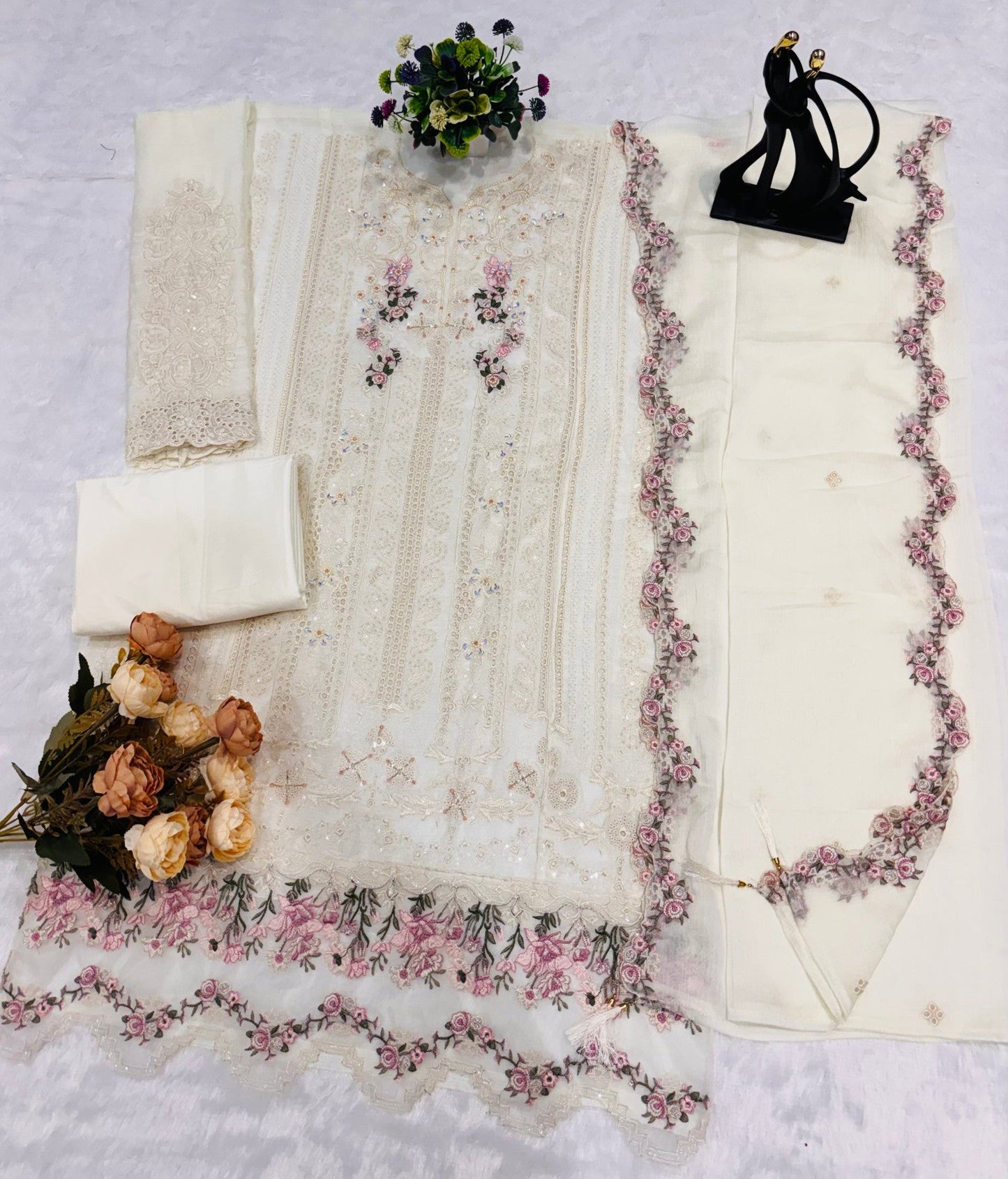Anaita White Chiffon Suit with Embroidery & Crystal Khatli Work
