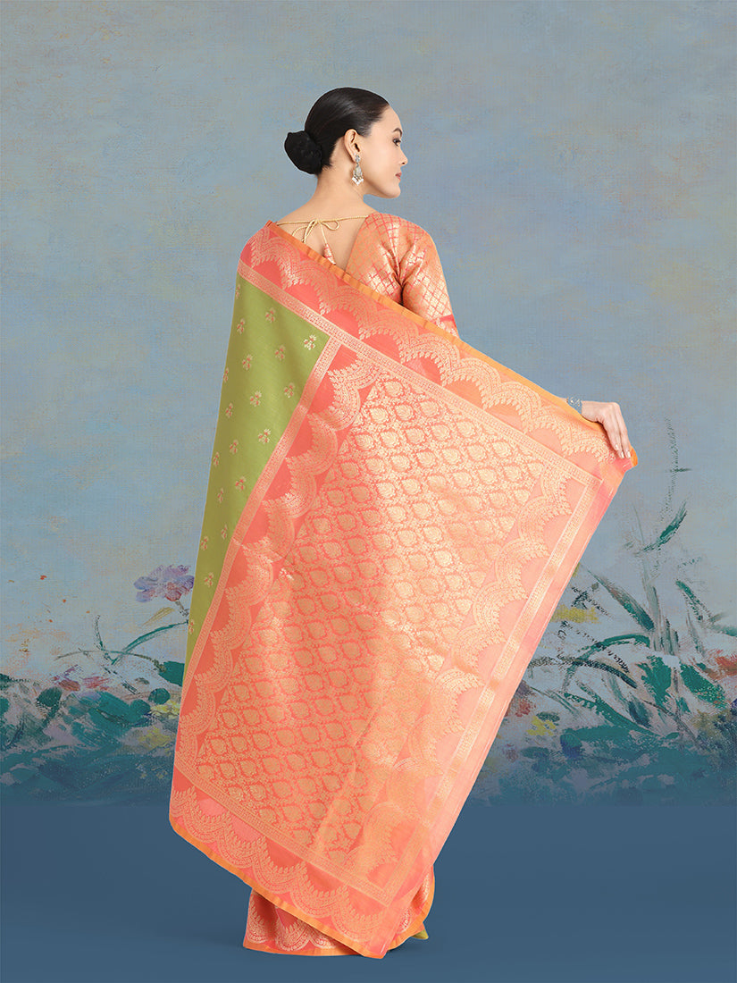 Monjolika Fashion Olive Green Color Weaving Banarasi Tissue Silk Classic Saree